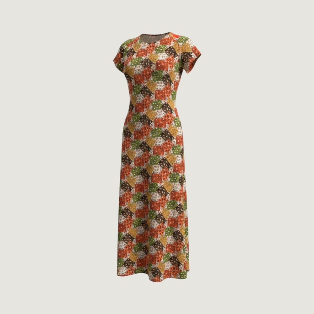 Vintage Handmade Floral Patchwork Maxi Dress Orange Green Cottagecore Boho Gown